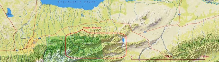 Плато Асы и Бартогай на карте Алматинской области